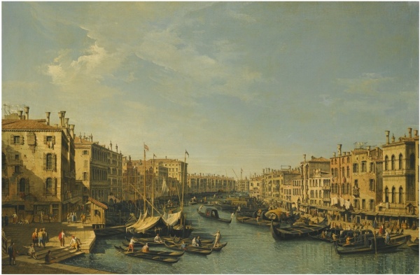 Lot 47. BERNARDO BELLOTTOVENICE 1722 - 1780 WARSAW VENICE, THE GRAND CANAL: LOOKING SOUTH-WEST, FROM THE RIALTO BRIDGE TO THE PALAZZO FOSCARI Estimate: 1,200,000 - 1,800,000 GBP  oil on canvas 60 by 91.5 cm.; 23 5/8  by 36 in.