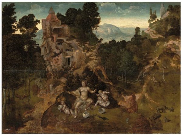 Lot 2. Attributed to the Master of the Liège Disciples at Emmaus, Jan van Amstel? (active Antwerp, mid-16th century)A mountainous landscape with Leda and her hatchlings, Saint Antony Abbot and the Centaur beyond with the Herri Met de Bles owl device (lower centre) and inventory number '707' (lower left) oil on panel  16¼ x 22 1/8 in. (41 x 56.1 cm.)  Estimate: £70,000 - £100,000