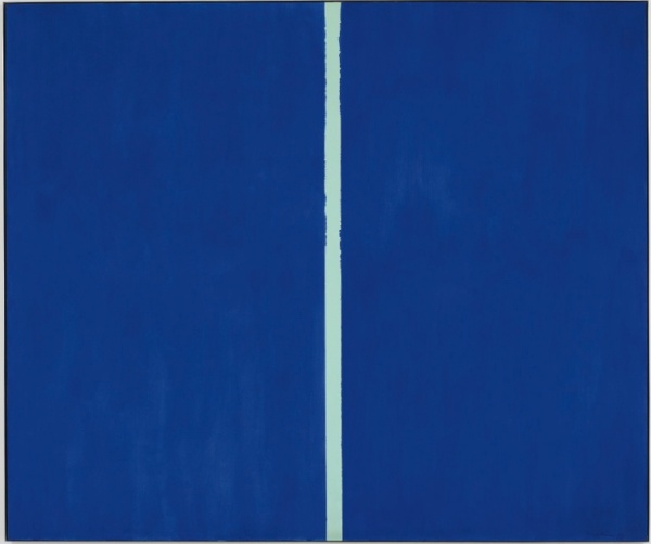 Lot 17. BARNETT NEWMAN 1905 - 1970 ONEMENT VI signed and dated 1953 in dark blue paint on lower right corner oil on canvas 102 x 120 in. 259.1 x 304.8 cm Estimate; $30-40 million.