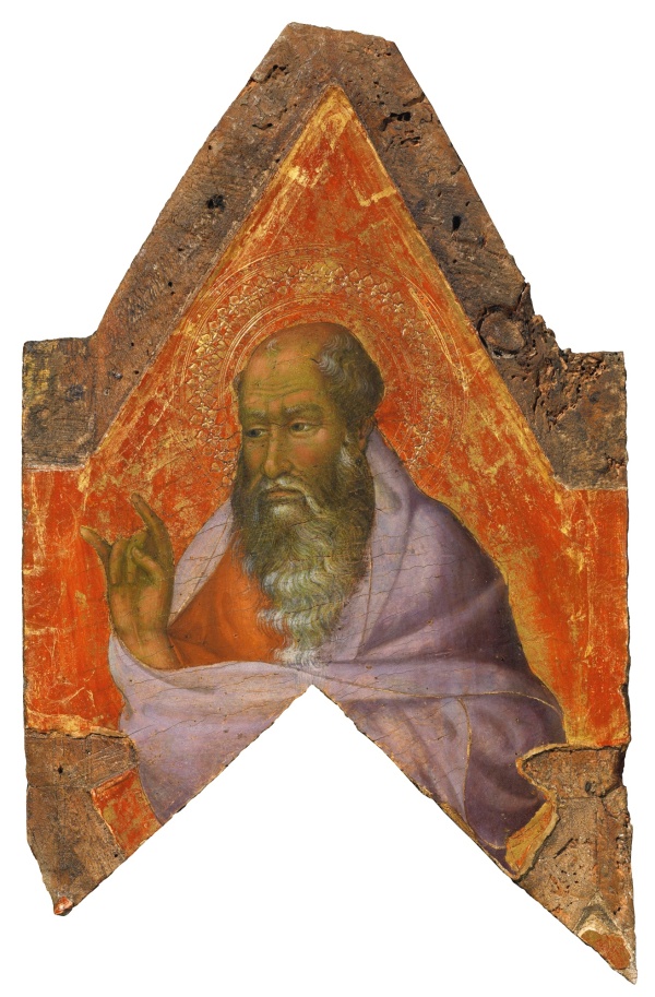 Lot 7. SIMONE MARTINI CIRCA 1284-1344 AVIGNON A BEARDED SAINT, PROBABLY A PROPHET tempera on panel, gold ground with a shaped top 14 1/8  by 8 1/2  in.; 36 by 21.5 cm. Estimate: $1.5-2 million.