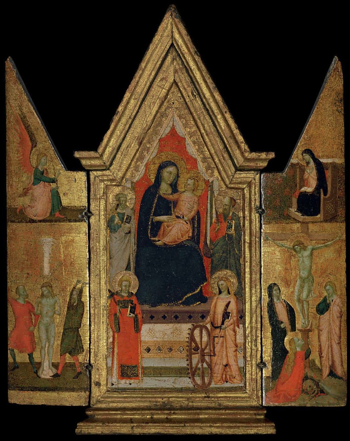 Lot 17. The Master of the Dominican Effigies (Florence, c. 1310-1350) A triptych: central panel: The Madonna and Child Enthroned, with Saints Peter, Paul, Catherine of Alexandria and another Saint; the wings: The Flagellation of Christ; and The Crucifixion, with The Annunciation tempera and gold on panel, in an integral tabernacle frame open: 23 x 18 7/8 in. (59 x 47.9 cm.); closed: 23 x 10 7/8 in. (59 x 27.7 cm.) Estimate: $200,000-300,000. Click on image to enlarge.