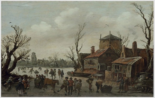 Lot 6. Jan Josefsz. van Goyen (Leiden 1596-1656 The Hague) A winter scene with skaters and a village beyond signed and dated 'I V GOIEN 1626' (lower right) oil on panel 12 5/8 x 19 7/8 in. (32 x 50.5 cm.) Estimate: $400,000-600,000. Click on image to enlarge.