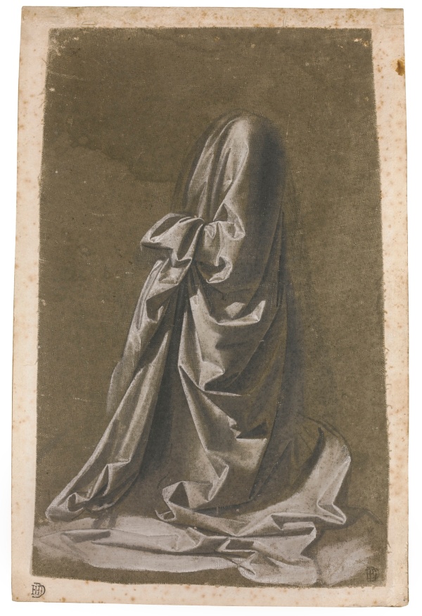Lot 28. WORKSHOP OF ANDREA DEL VERROCCHIO, CIRCA 1470, TRADITIONALLY ATTRIBUTED TO LEONARDO DA VINCI DRAPERY STUDY OF A KNEELING FIGURE FACING LEFT Drawn with the brush in brown-grey wash, heightened with white, on linen prepared grey-green, laid down on paper; Numbered in brown ink: X 288 by 181 mm. Estimate: 1.5-2 million. Click on image to enlarge.