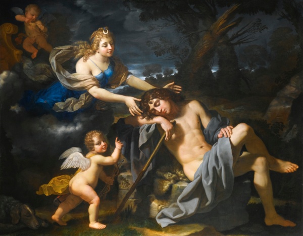Lot 35. BENEDETTO GENNARI CENTO 1633 - 1715 BOLOGNA DIANA AND ENDYMION oil on canvas 177 by 224.5 cm.;  69 3/4  by 88 1/2  in. Estimate: 200,000-300,000. Click on image to enlarge.