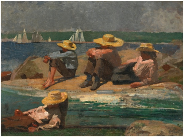 Lot 36. WINSLOW HOMER 1836 - 1910 CHILDREN ON THE BEACH (WATCHING THE TIDE GO OUT; WATCHING THE BOATS) oil on canvas 12 5/8 by 16 1/2 in. 32.1 by 41.9 cm. Executed in 1873. Estimate: $3-5 million. Click on image to enlarge.