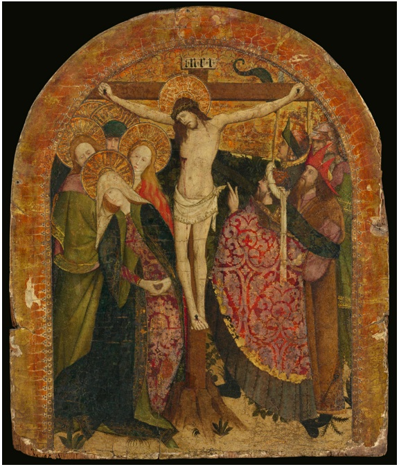 Lot 7. ATTRIBUTED TO NICOLÁS FRANCÉS ACTIVE IN LEÓN 1434 - 1468 CRUCIFIXION WITH THE VIRGIN, NICODEMUS, JOSEPH OF ARIMATHEA AND OTHER FIGURES tempera on panel, gold and silver ground, rounded top 27 1/4  by 23 in.; 69.2 by 58.3 cm. Estimate: $60,000-80,000.