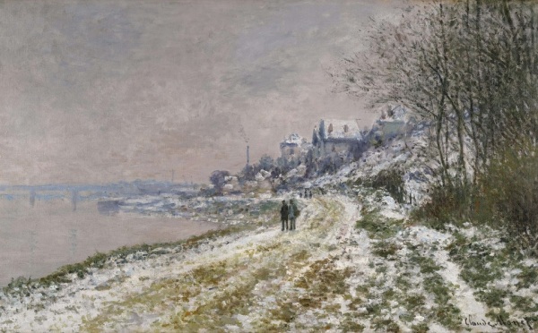 Lot 49. Claude Monet 1840 - 1926 LE CHEMIN D'EPINAY, EFFET DE NEIGE Signed Claude Monet (lower right) Oil on canvas 24 by 39 1/8 in. 61 by 99.5 cm Painted in 1875. Estimate: $6–8 million.  Click on image to enlarge.