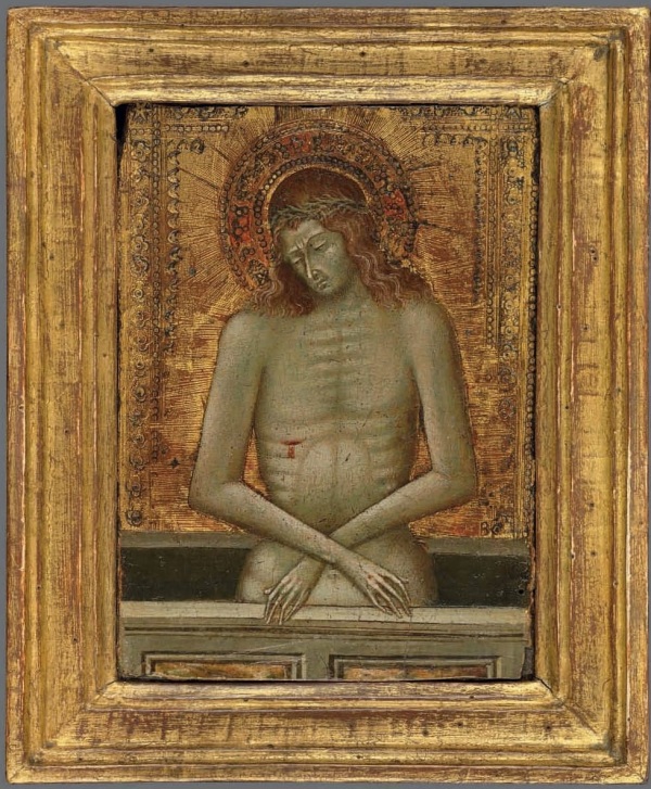 Lot 1. Giovanni di Paolo (Siena c. 1399-1482) Christ as the Man of Sorrows on gold ground panel 5 ¾ x 4 1/8 in. (14.6 x 10.5 cm.) Estimate: £60,000-80,000 ($94,440 - $125,920). Click on image to enlarge.