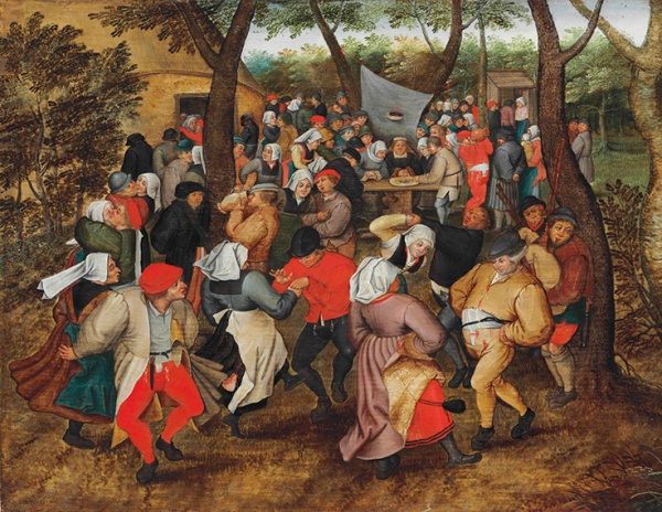 Lot 41. Pieter Brueghel II (Brussels 1564/5-1637/8 Antwerp) The Outdoor Wedding Dance signed and dated '·P· BREUGHEL · 1621' (lower left) oil on oak panel, stamped on the reverse with the coat-of-arms of the City of Antwerp and the clover leaf panel-maker's mark of Michiel Claessens (active Antwerp 1590-1637) 16 x 20½ in. (40.5 x 52 cm.) Estimate: £1,200,000 – £1,800,000 ($1,888,800 - $2,833,200)