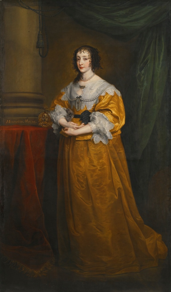 Lot 28. Sir Anthony van Dyck ANTWERP 1599 - 1641 LONDON PORTRAIT OF QUEEN HENRIETTA MARIA (1609–1669) later inscribed, centre left: Henrietta Maria oil on canvas, extended 127 by 81.3 cm.; 50 by 32 in. (extended in the 18th century by another hand, possibly Sir Joshua Reynolds, to create a full-length portrait of 223.6 by 130.8 cm.; 88 by 51 1/2 in.) Estimate: £1.5-2.5 million. Click on image to enlarge.