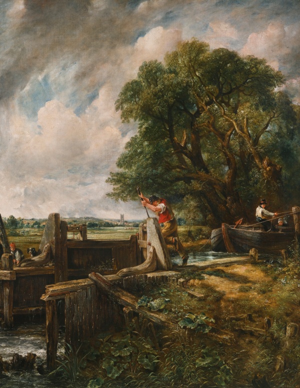 Lot 44. John Constable, R.A. EAST BERGHOLT, SUFFOLK 1776 - 1837 HAMPSTEAD THE LOCK inscribed on an old label, verso, in the artist's hand: Landscape: Barge passing a Lock / J. Constable R.A. 35 Charlotte St / London oil on canvas, unlined 139.7 by 122 cm.; 55 by 48 in. Estimate: £8-12 million. Click on image to enlarge.
